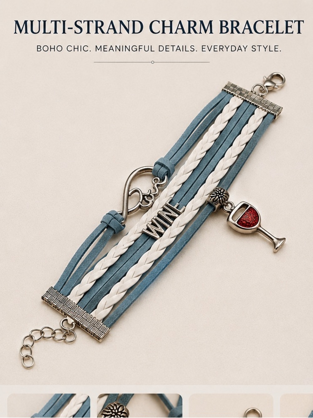 Multi-Strand Wine Charm Bracelet - Blue & White